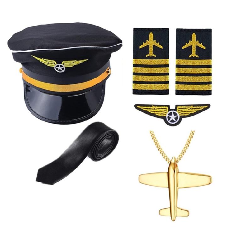 Flight Attendant Costume Airline Captain Outfits Captain Hat Uniform Epaulets Neck Tie Glove for Men Women Halloween