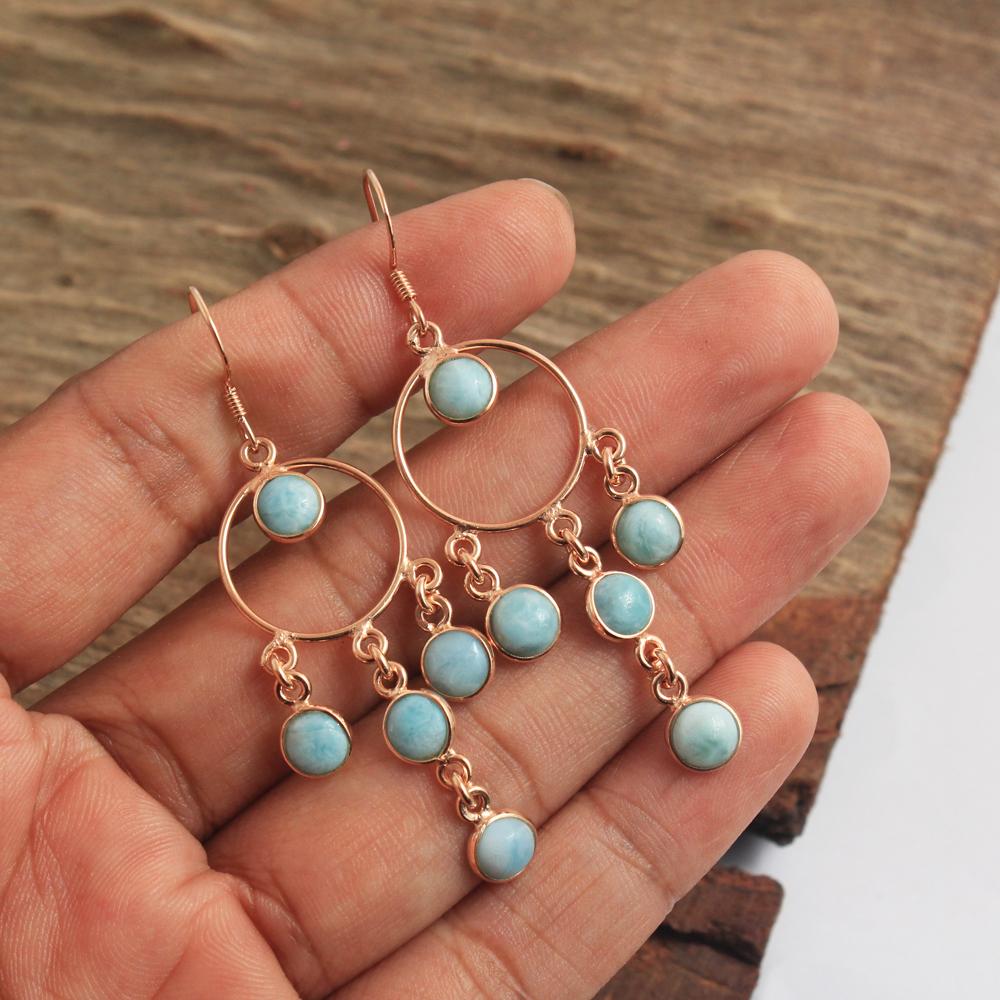 Rose Gold Plated 925 Sterling Silver Handmade Jewelry, Larimar Earring, Women Dangle Earring