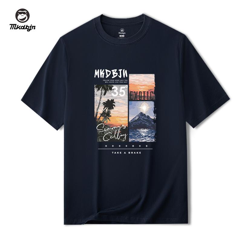 Trendy Casual Tshirt Mens Shortsleeved Summer New Style American Street Landscape Pattern Black Roundneck Couple Shoulder