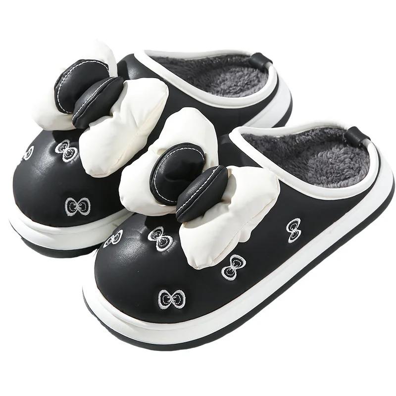 Winter Warm Plush Slippers for Women Home Warm Non-slip Thick Bottom Fluffy Slippers Bows Cotton Slippers Couple Winter Slides