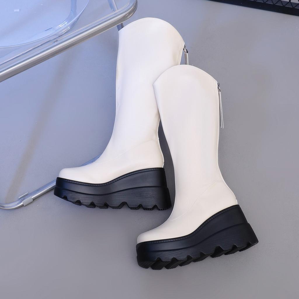 Fashion Fashionable High Quality Women New Modern Mid-calf Boot  Riding Boots Platform Round Toe Black White  Big Size 43 Street Boots