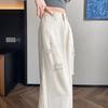 Women's Summer High-Waisted Ice-Silk Wide-Leg Denim Jeans with Distressed Holes Draping Style with Rhinestone Accents and Floor-Sweeping Hem