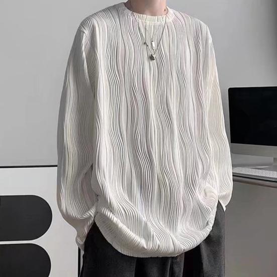 Men Fall Spring Top Water Wave Texture Round Neck Long Sleeve Oversized Solid Color Loose Pullover Hip Hop Streetwear Mid Length Men Soft T-shirt