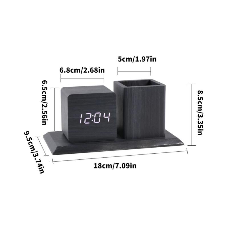 Creative Wooden Desk Item Combines Digital Alarm Clock With Pen Storage Section faint Setting And Three Alarm picks