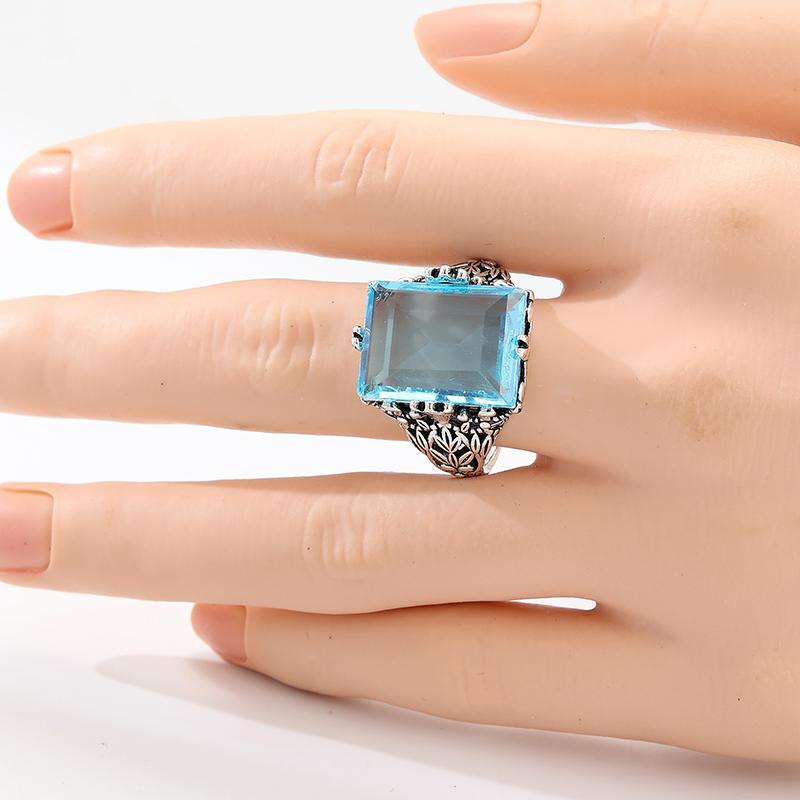 Dazzling Inlaid Sea Blue CZ Women's Ring Sparkling CopperColor Hand Carving Daily Wear Party Jewelry Anniversary Gift