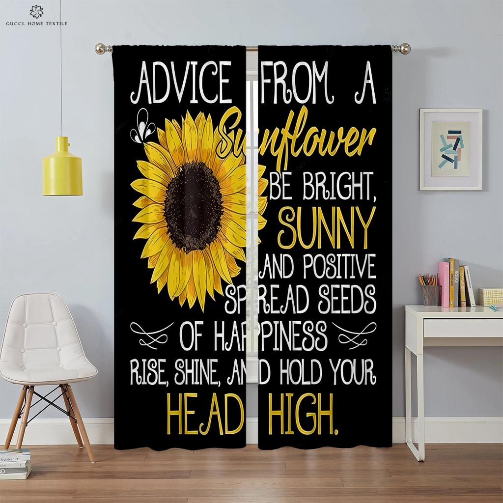 Retro Floral Sunflower Drapes Creative Letters Fashionable Print Curtains Bedroom and Living Area Ornamental Curtains
