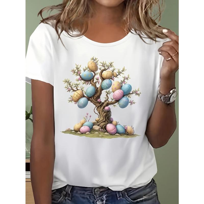 European size Graphic T-Shirt for Women Featuring an Easter Egg Tree - A Casual Pastel Spring Top with Short Sleeves And a Round Neck