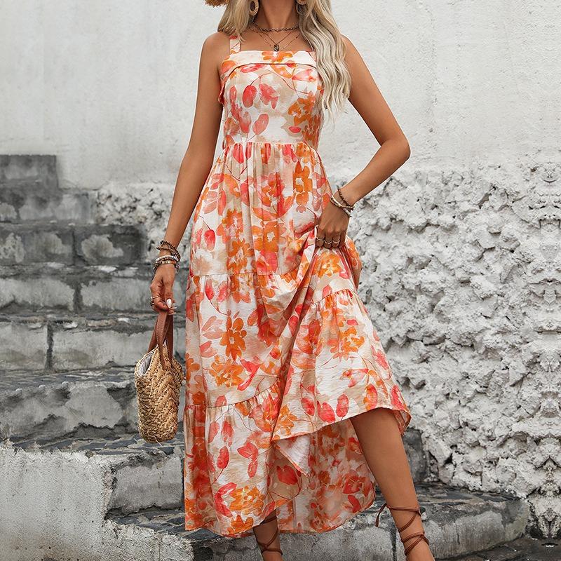 Summer Backless Straps V-neck Floral Print Dress