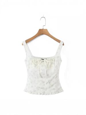 Women's Summer Floral French Lace Camisole: Waist-Cinching, Sleeveless, Square Neck, Spaghetti Strap Crop Top for Vacation
