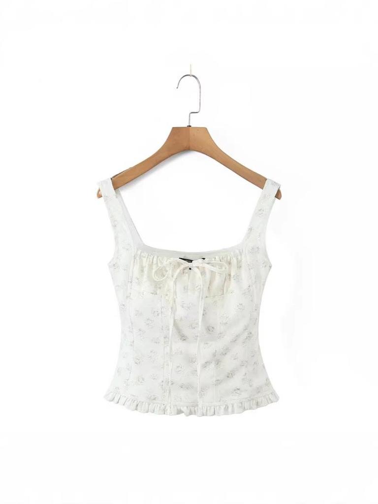 Women's Summer Floral French Lace Camisole: Waist-Cinching, Sleeveless, Square Neck, Spaghetti Strap Crop Top for Vacation