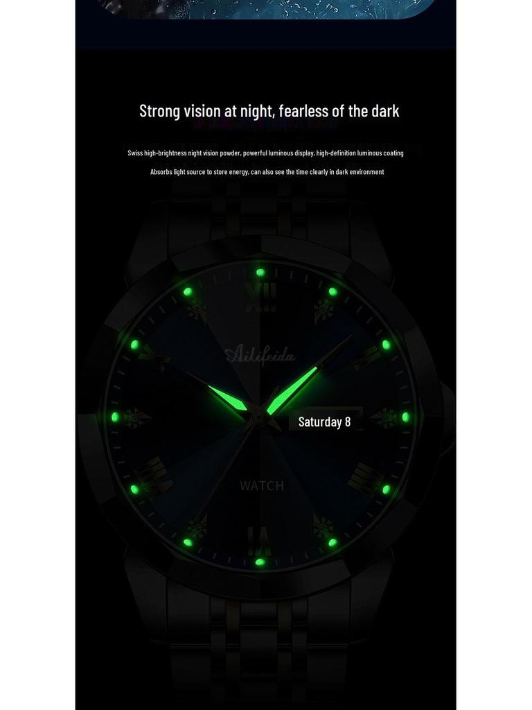 Aili Feida Men's Quartz Watch - Diamond Mirror, Waterproof, Luminous, Calendar, Fashionable