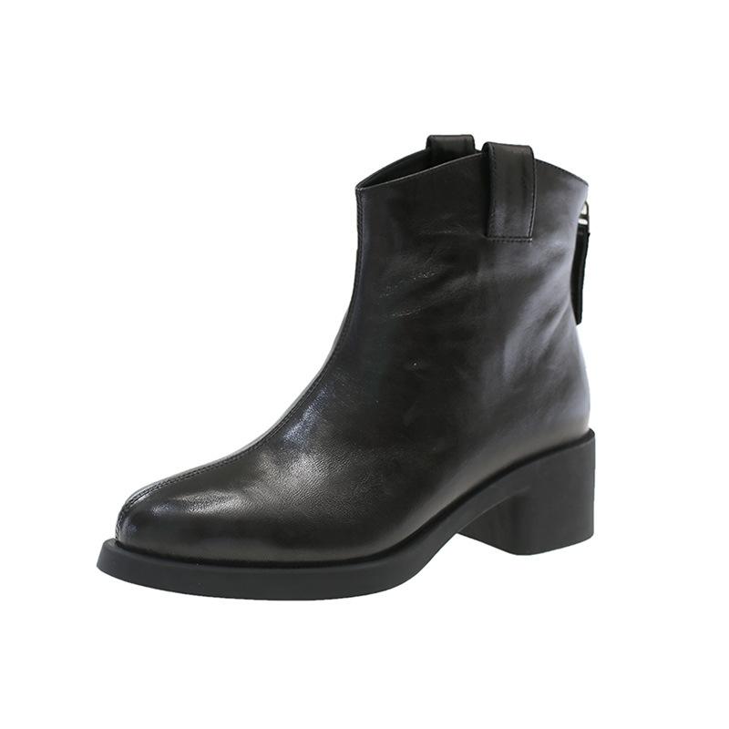 Leather cowhide western cowboy boots women's short boots thick heel new velvet Martin boots
