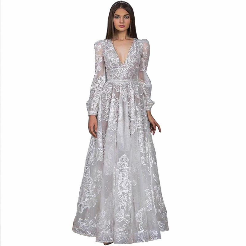 Elegant Lace Embroidered Evening Dress With Beaded Detailing Deep V-Neck Long Sleeve Princess Gown Wedding Party