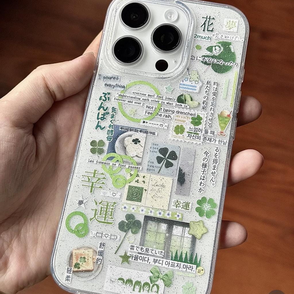 Lucky Green Clover Sticker Phone Case for iPhone 17 16 15 14 13 12 11 Pro Max Japanese Aesthetic Shockproof Soft Silicone Cover