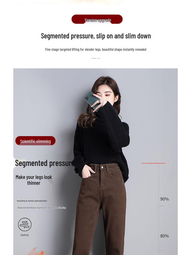 Coffee Brown Women's High-Waisted Velvet-Lined Loose Jeans - Winter 2025 Harajuku Style Trousers