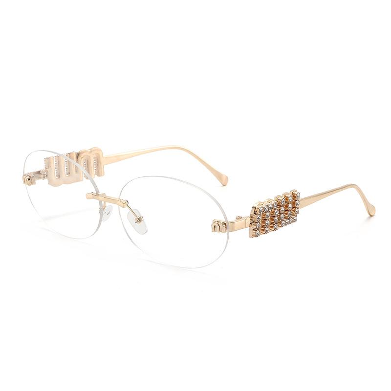 Premium sense frameless rhinestone sunglasses women's retro oval UV protection sunglasses ins wind sunscreen explosive glasses