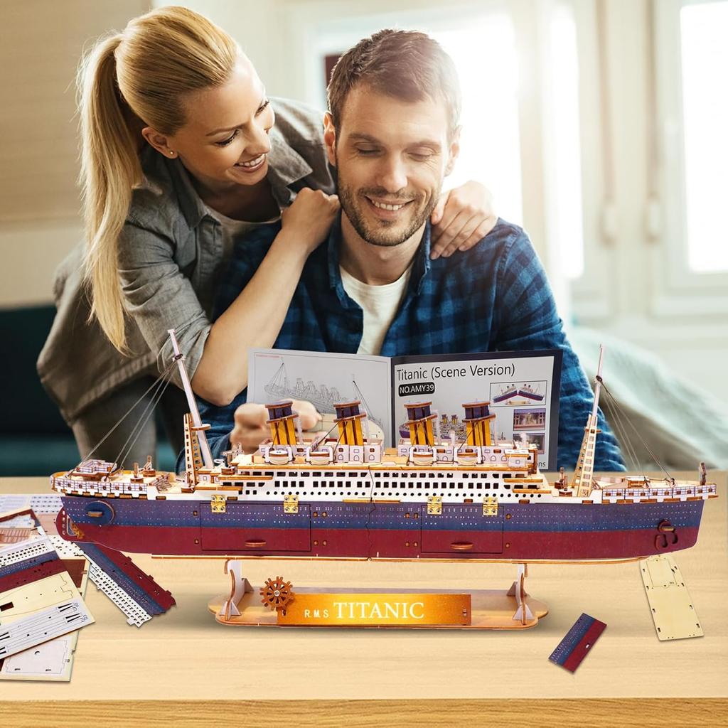 Titanic Wooden Building Block Toys LED Version Model Assembly Set For Home Desktop Decoration Gifts For Couples Women Kids 12+