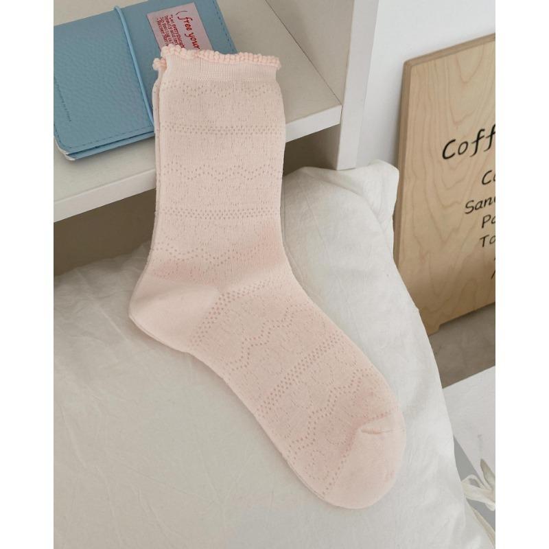 

Женские весенне-летние носки-трубы из чистого хлопка, однотонные, с ажурным узором сердечки , бесшовные, не скатывающиеся 1 pair светло-розовый