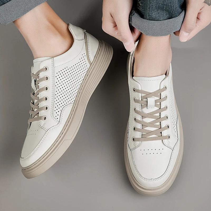 New Breathable Mens Shoes Fashion Hollow Out Walking Sneakers Comfy Outdoor Italian Genuine Leather Casual Shoes Skateboard Shoe