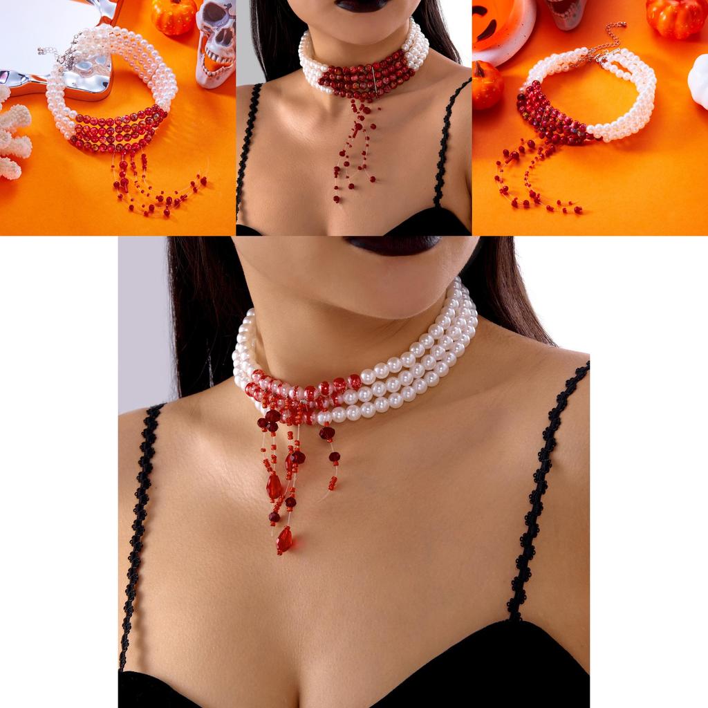 Collier de Perles Goutte de Sang d'Halloween avec Design Géométrique Fait Main pour Femmes