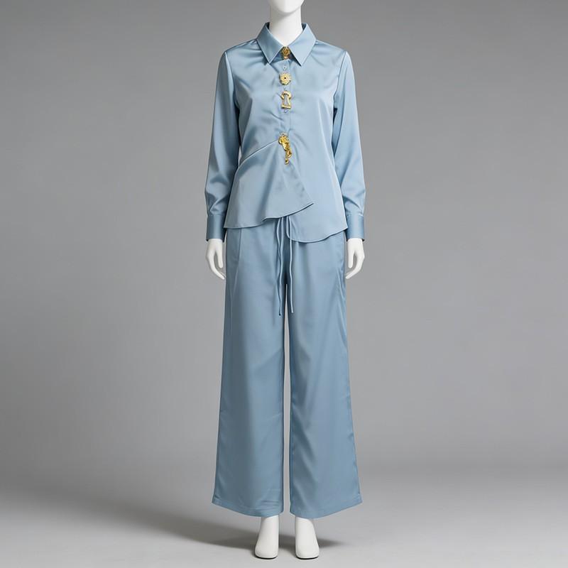 

Casual Retro Style Suit Single-row Metal-buttoned Long-sleeved Shirt + Fashionable Solid Color Wide-leg Pants Women XL синій