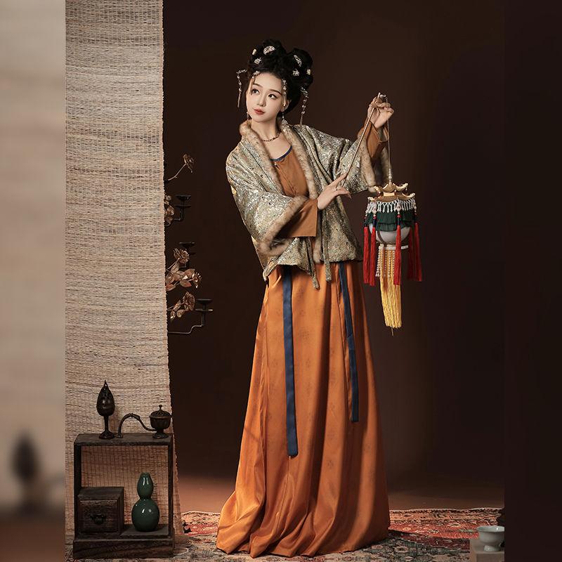 Hanfu-Anzug für Damen im chinesischen Stil, Restaurierung imitiert Brokat der Song-Dynastie, Tang-Hose und hüftlange einteilige Rock-Kombination