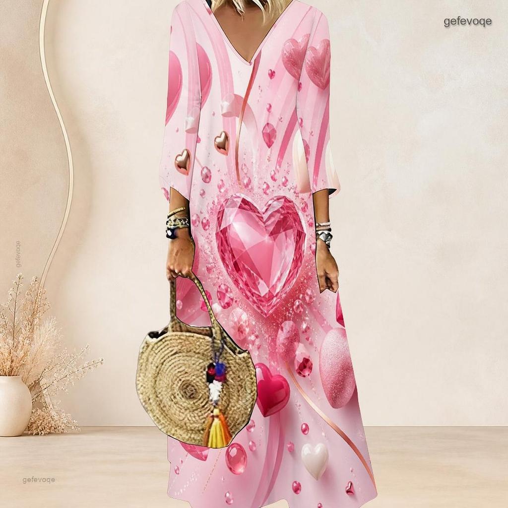 Plus Size Women V Neck 3 4 Sleeve Maxi Dress Soft Fashion Daily Street Wear