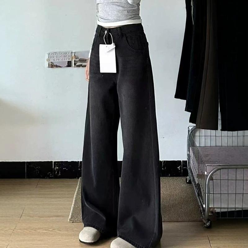 Zwarte rechte jeans dames fluweel nieuw peervormig los figuur hoge taille dun wijde pijpen dweilbroek