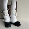 Lamb Fleece Trim Padded Puffer Leg Warmers with Cute Plush Balls for Women Warm Thermal Quilted Boot Cuffs Foot Covers