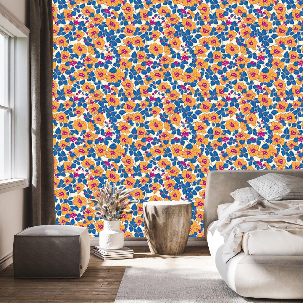 Blue and gold flowers wallpaper for living room and bedroom 50x1000