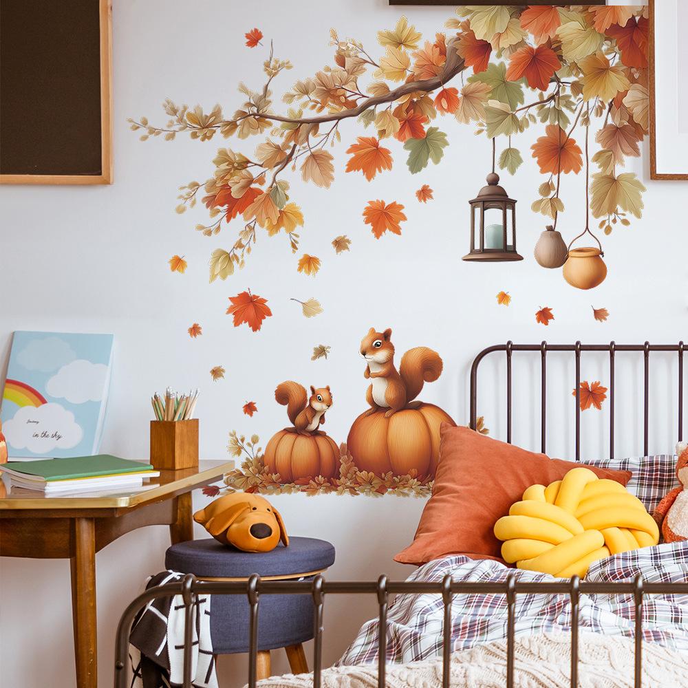 Painted Autumn Fallen Leaves, Pumpkins and Squirrels On The Walls of The Dining Room and Living Room