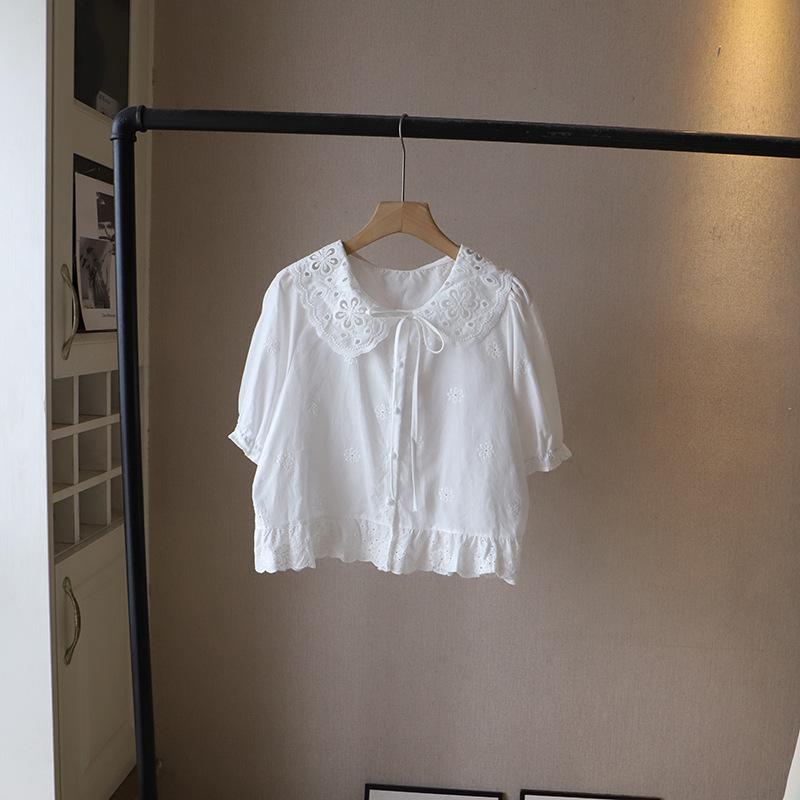 

Лето 2025 Блузка женская с коротким рукавом в корейском стиле с кукольным воротником и ажурным жаккардом One Size