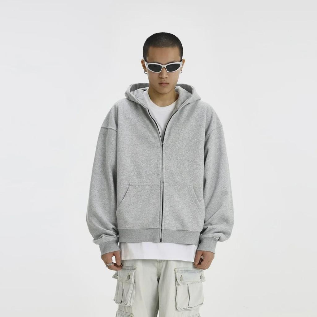 Unisex Retro Gray Hooded Sweatshirt with Double Zipper - Perfect for Spring & Autumn