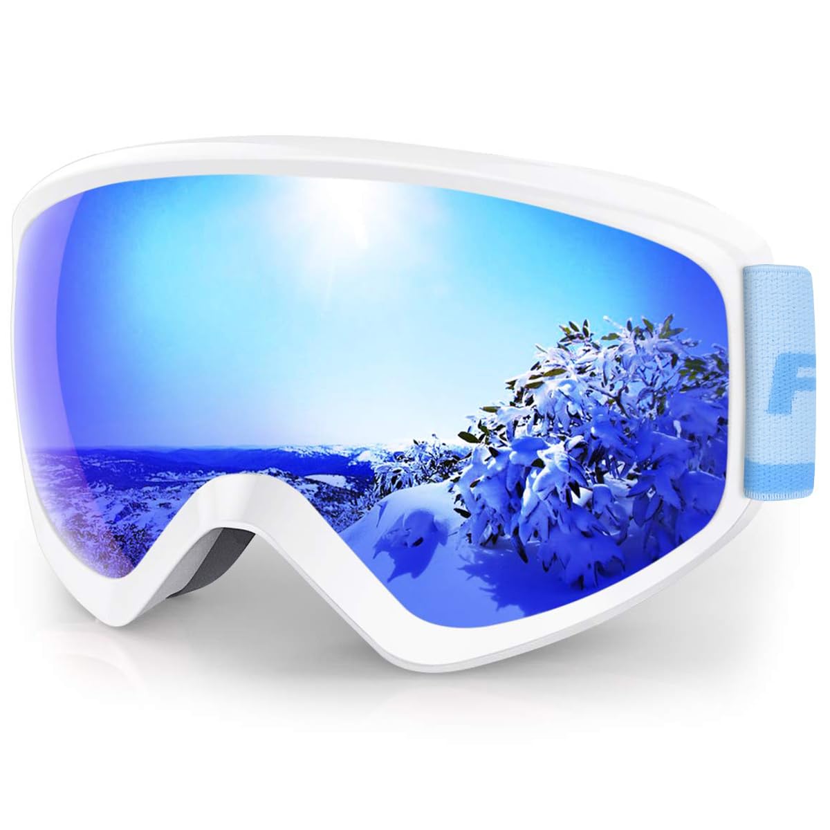 

Findway Kids Ski/Snow Goggles (OTG Wide Spherical Double Lens / White & Blue / VLT 7.3%)