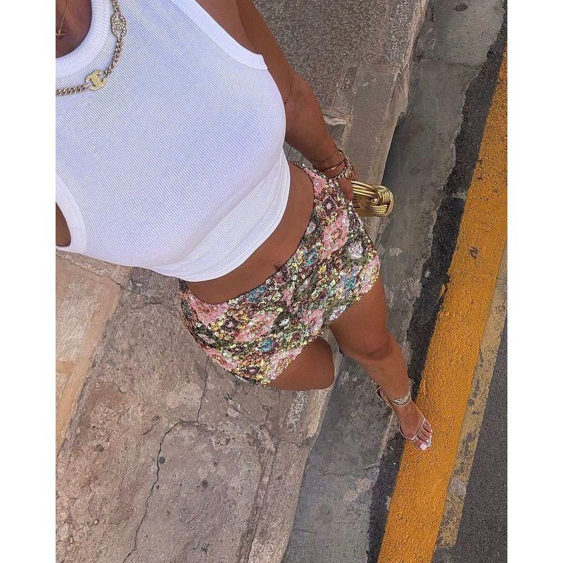 European and American Style Women's Irregular Sequined Bodycon Skirt Slim Shorts Beaded Low-Cut Short Skirt