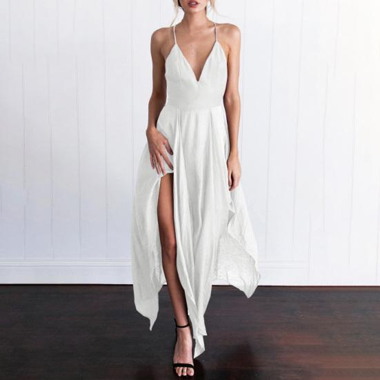 Women Prom Dress Deep V Neck Low Cut Sleeveless Backless Spaghetti Strap Dress-up Cross Back Irregular Hem Wedding Dress Women Clothes
