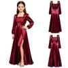Kids Girls Puff Sleeve Square Neck Satin Party Gown Pleated Bodice Split Hem Back Invisible Zipper for Wedding Performance Banquet