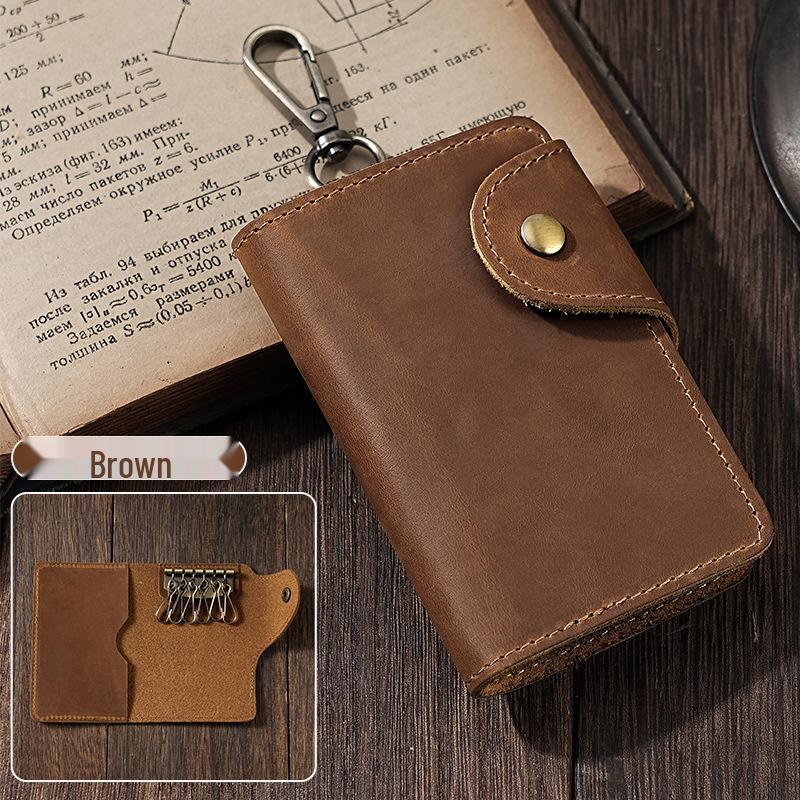 Retro Crazy Horse Leather Key Holder - Men's Genuine Leather Waist Pouch, Access Card Key Cover, Home Key Storage Bag.