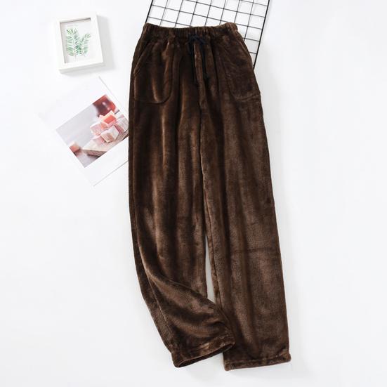 Men Homewear Pants Thicken Loose Solid Color Coral Fleece Elastic Waist Cold-proof Drawstring Loose Men Winter Pants for Camping