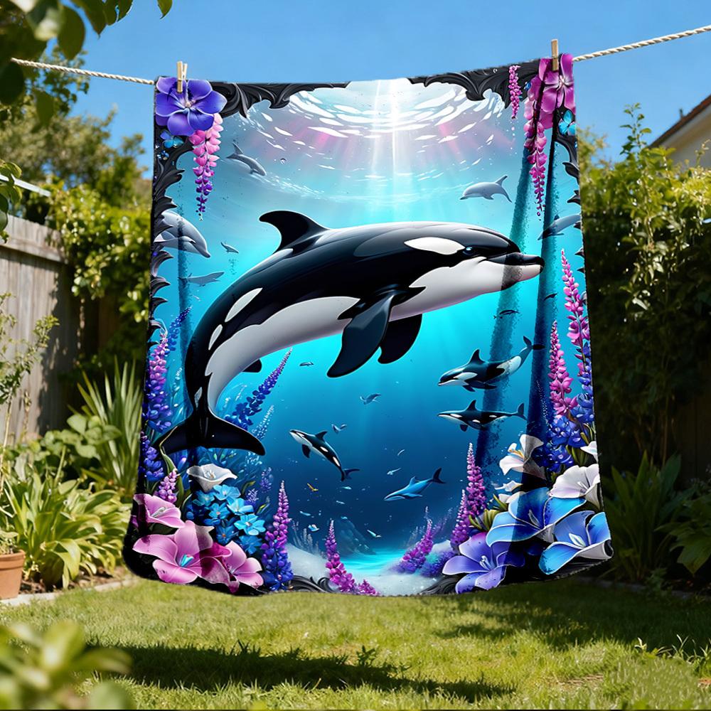 1pc Whale Marine Ocean Outdoor Flannel Blanket , Machine Washable Perfect Gift for Birthday , Holiday Travel Accessory , Durable Material