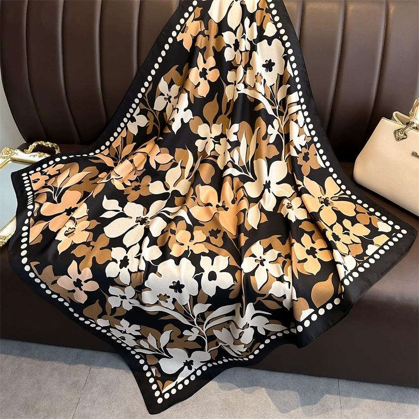 90Cm Luxury Fancy Square Scarf For Ladies Flower Print Silk Scarf Women Bandana Large Hijab Female Shawl Scarves Warps