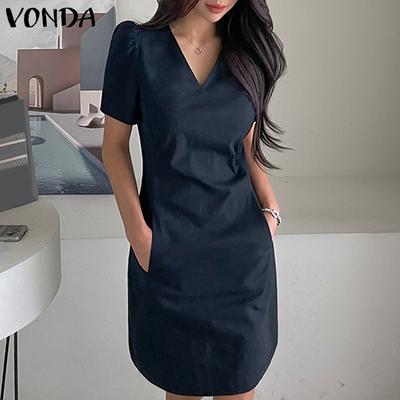 Summer Women Elegant V-Neck Short Sleeve Slim Waist Pockets Dresses