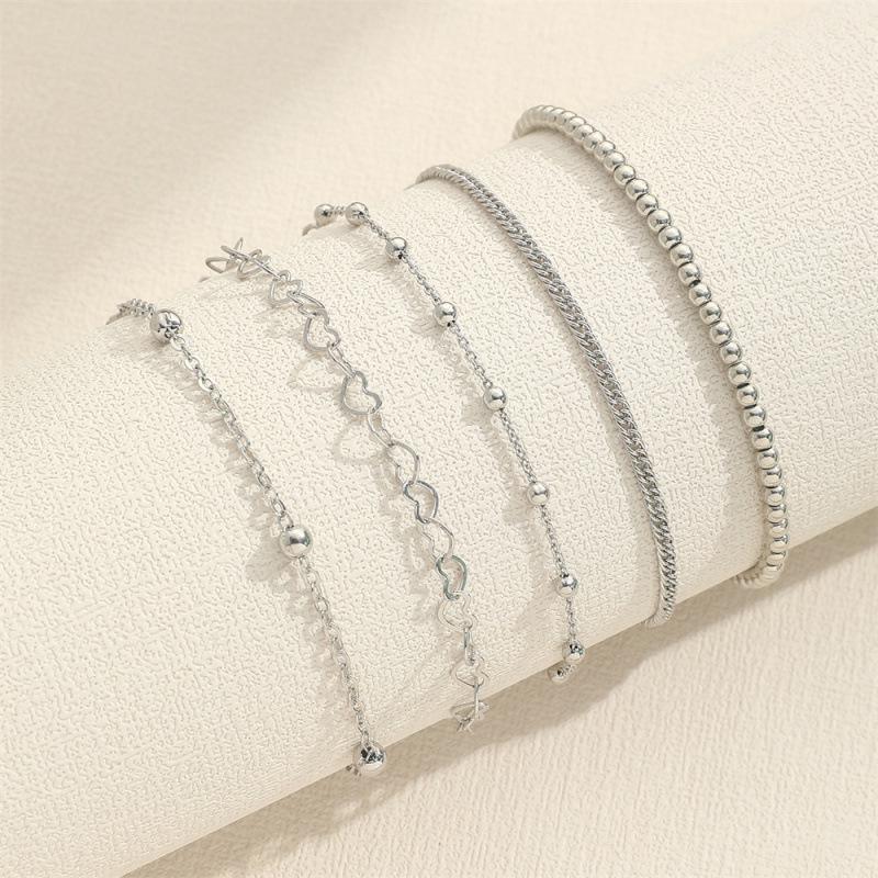 Trendy Beaded Bracelet Set: European-American Hip Hop Style, Heart Chain, 5-Piece Collection