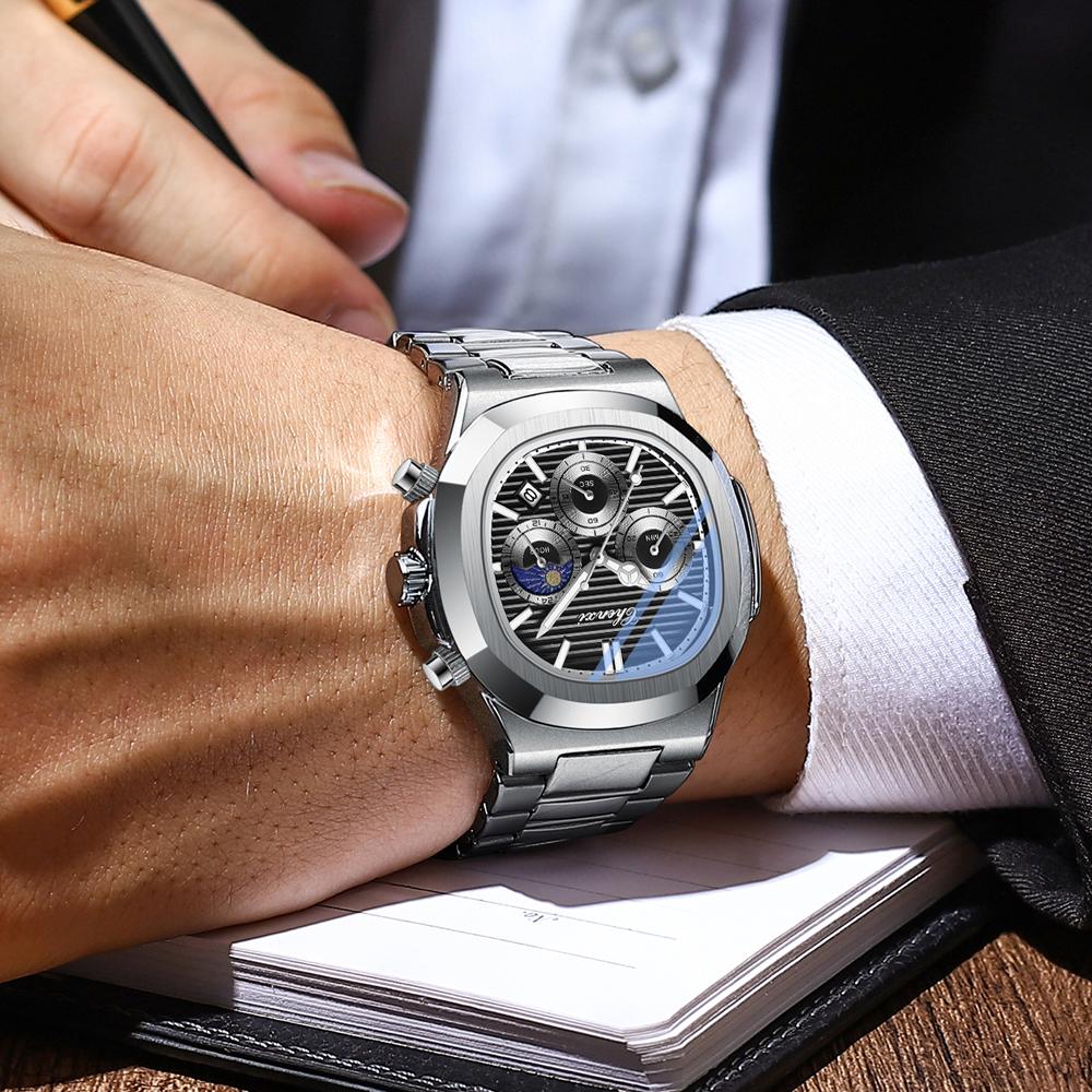 Luxury Watch Men Business Fashion Waterproof Stainless Steel Chronograph Moon Phase Quartz Wristwatch Male Clock