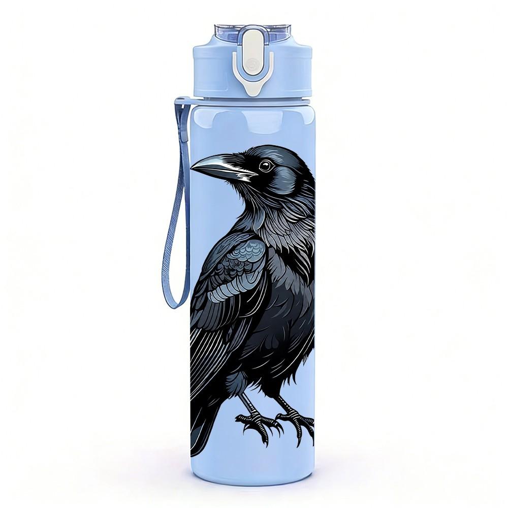 1PC Black Raven Bird Dark Pattern 750ml Color Plastic Sports Water Bottle Leakproof Flip Straw Lid Suitable for Sports Office Home Use
