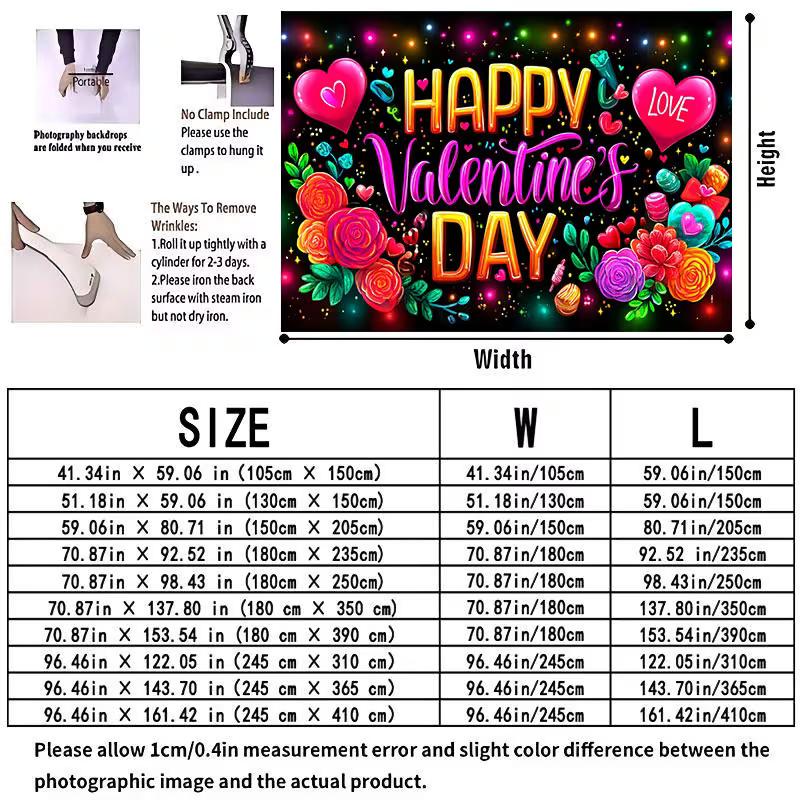 2D Valentines Day Party Tapestry, "Happy Valentine's Day" Print with Hearts, Flowers and Sparkles Photo Banner