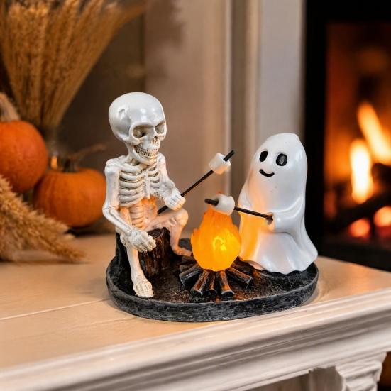 Spooky Home Ornament Skeleton And Ghost Bonfire Night Lamp, Halloween Campfire Flickering Table Horror Fan Collectible Cute Roasting Marshmallow