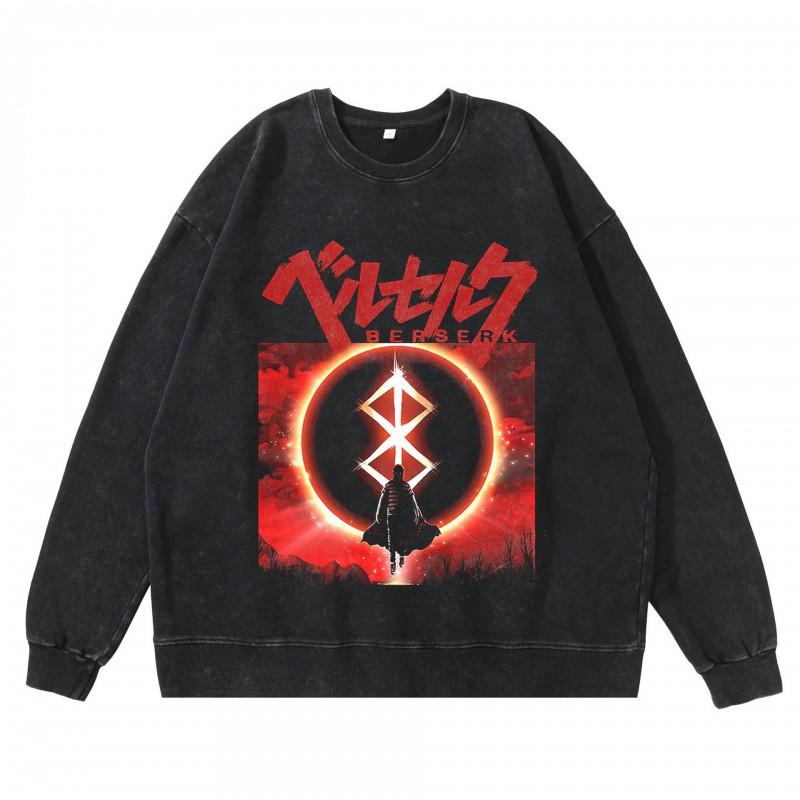Heavyweight 360g Washed Vintage Berserk Anime Streetwear Cotton Pullover Hoodie-Free Crewneck Sweatshirt Men