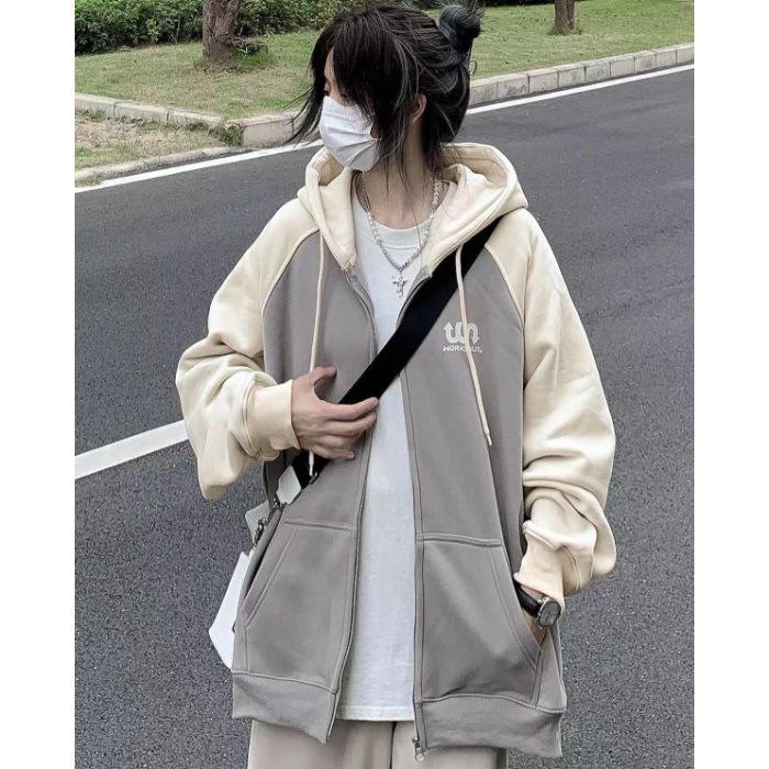 Women's Oversized Retro Color Block Patchwork Hooded Sweatshirt Jacket for Autumn