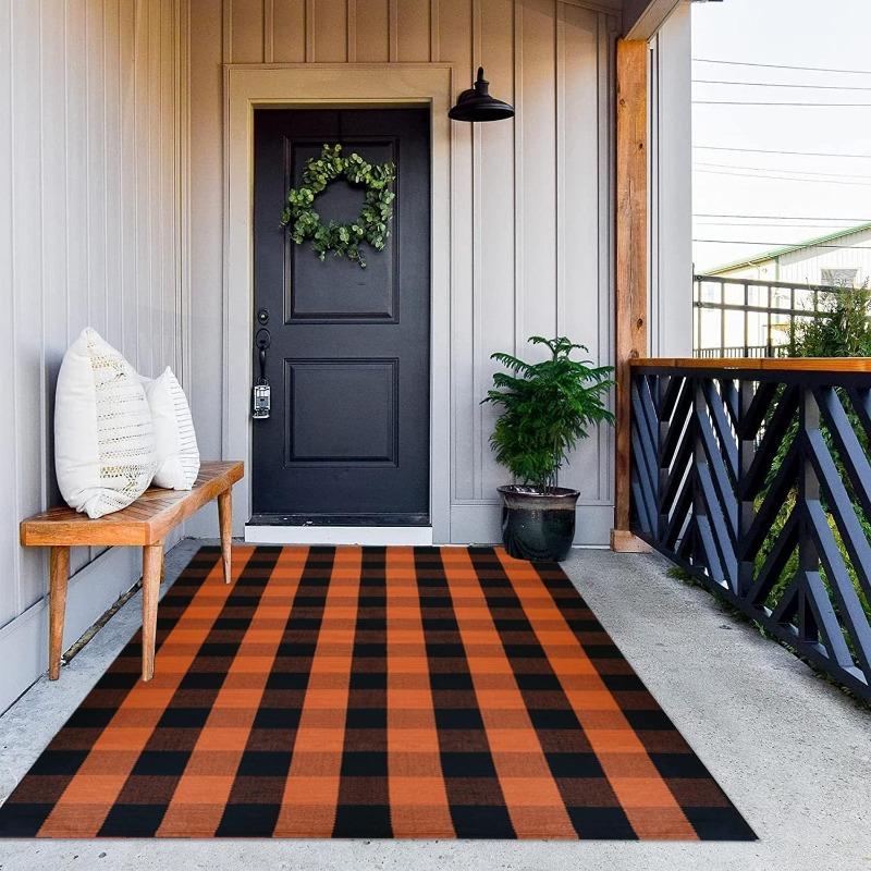 Cotton Orange and Black Plaid Rug Ft Fall Outdoor Front Door Mat for Mats Carpet Porch Entryway Autumn Halloween Decorative